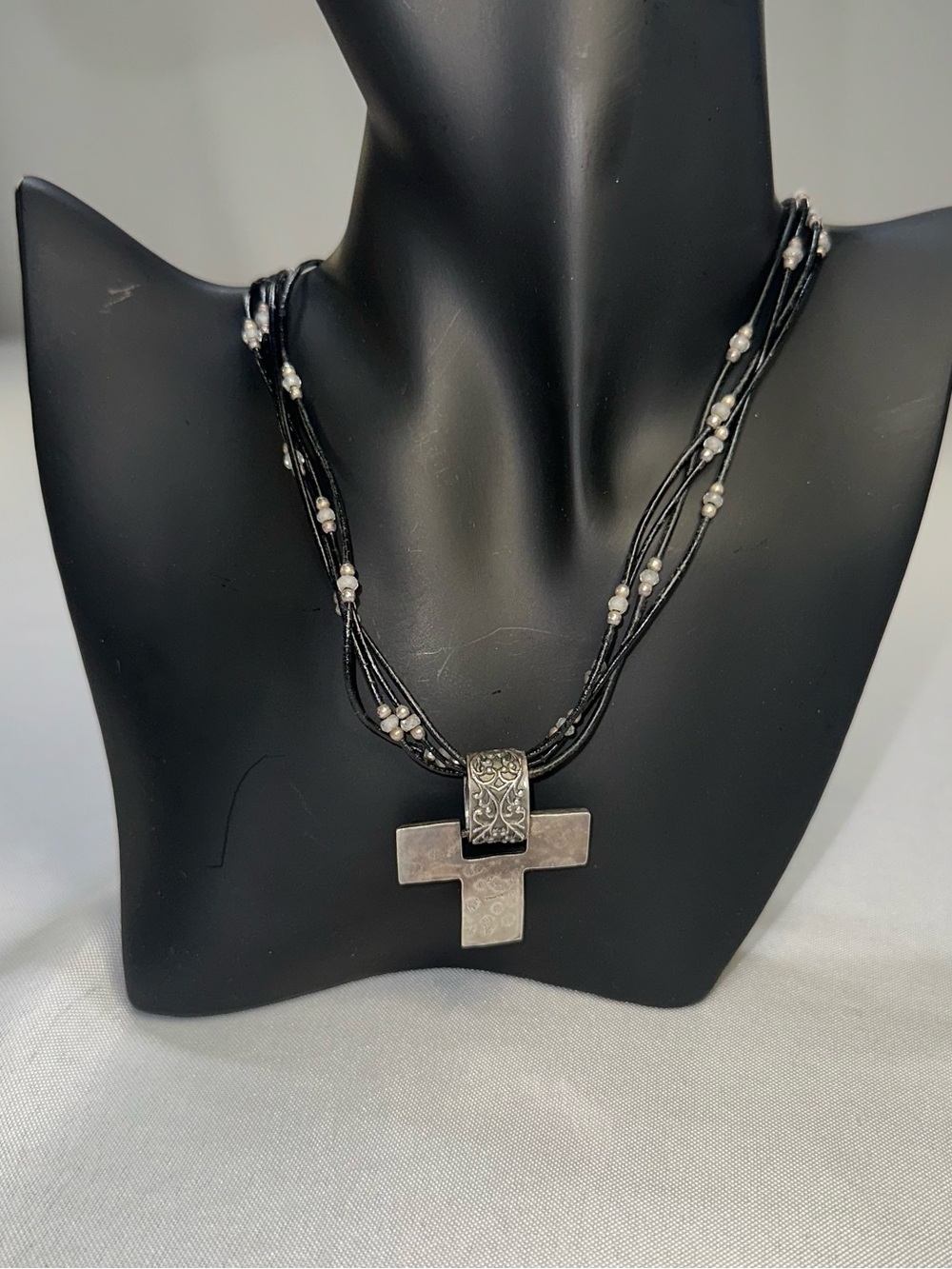 Retired Silpada Sterling Silver Hammered Cross Necklace Multi-Strand Leather 925